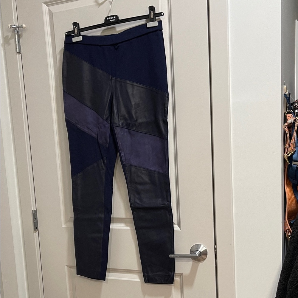 Diane Von Furstenberg Leather, Suede, Stretch Ponte Knit Navy Leggings